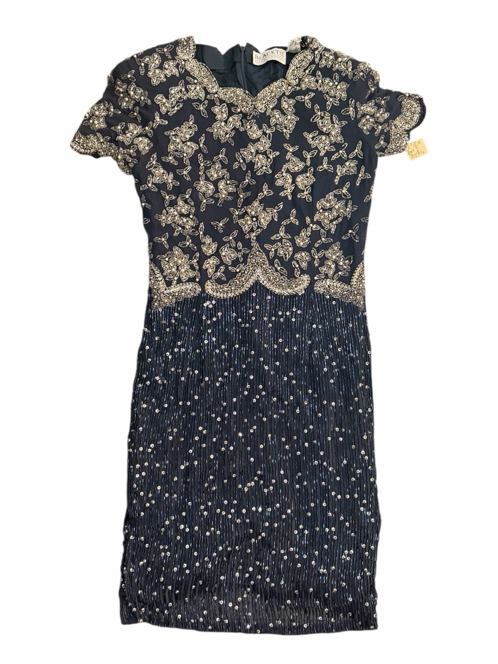 Vintage Oleg Cassini Black Tie Navy Silk Beaded Cocktail Dress